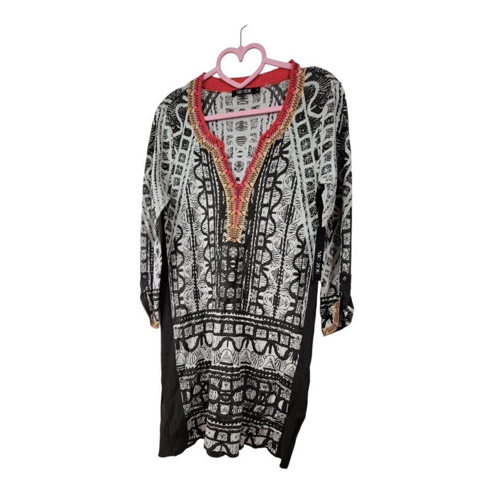 NIC+ZOE Women's Long Sleeve Sheer Boho Top Lightweight V-Neck Geometric Size S
